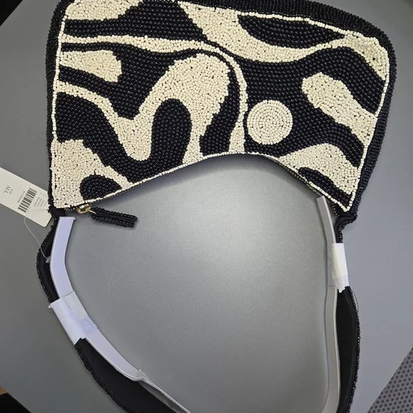 Anthropologie Black and Cream Beaded Shoulder Bag - Picture 3 of 10